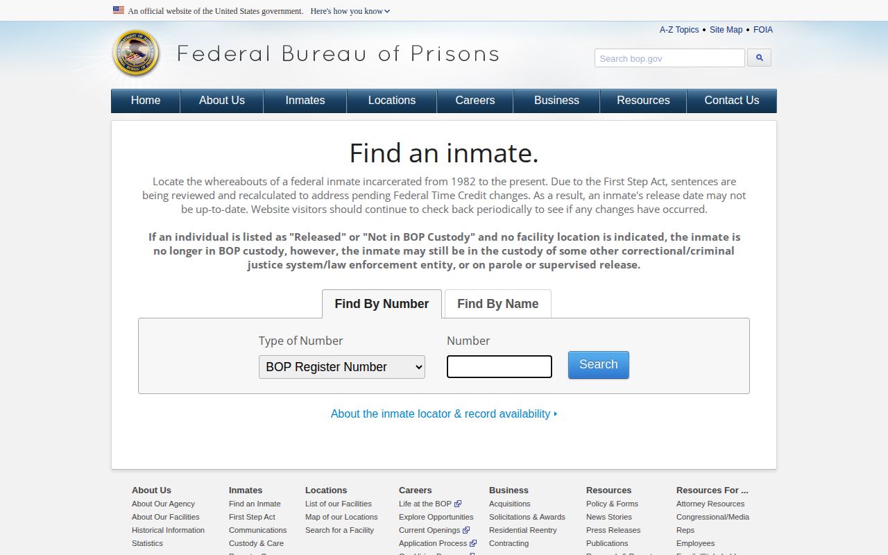 Federal Bureau of Prisons inmate locator and released status result