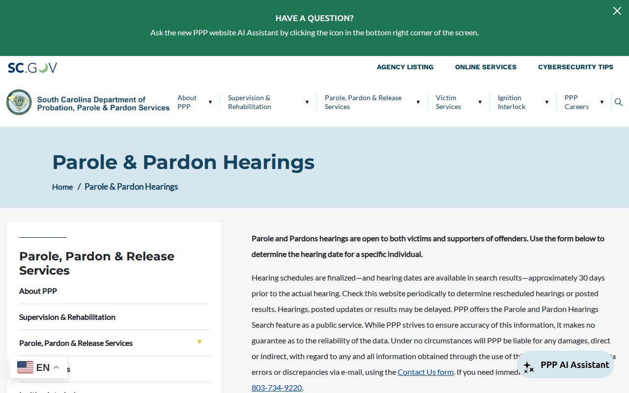 South Carolina parole hearing schedule and person search