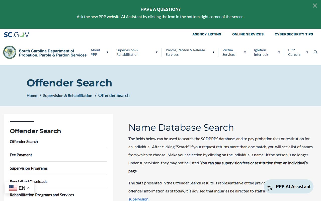 South Carolina SCDPPPS offender search fields and previous-day warning