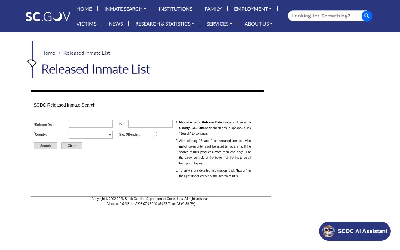South Carolina released inmate list used for Chester County state release records