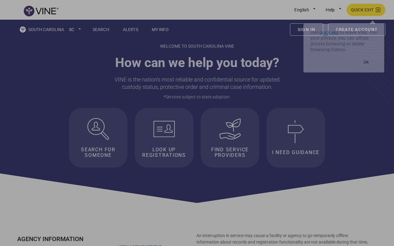 South Carolina VINELink inmate search screen